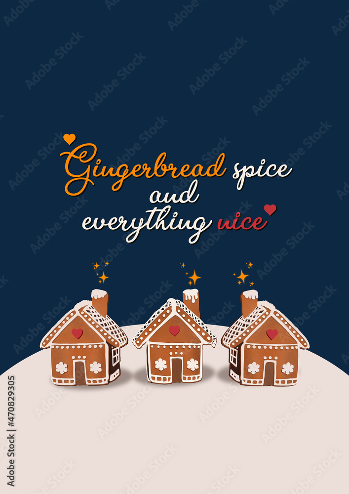 Gingerbread Spice And Everything Nice printable art, drawing, digital download poster, download artwork ginger house blue background snow