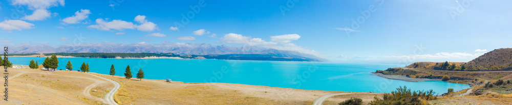 Panorama of view Lake Pukaki and Mount Cook at South Island New Zealand, summertime
