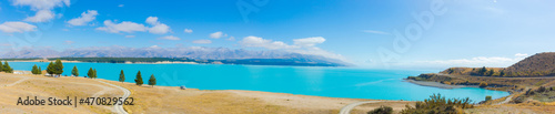 Panorama of view Lake Pukaki and Mount Cook at South Island New Zealand  summertime