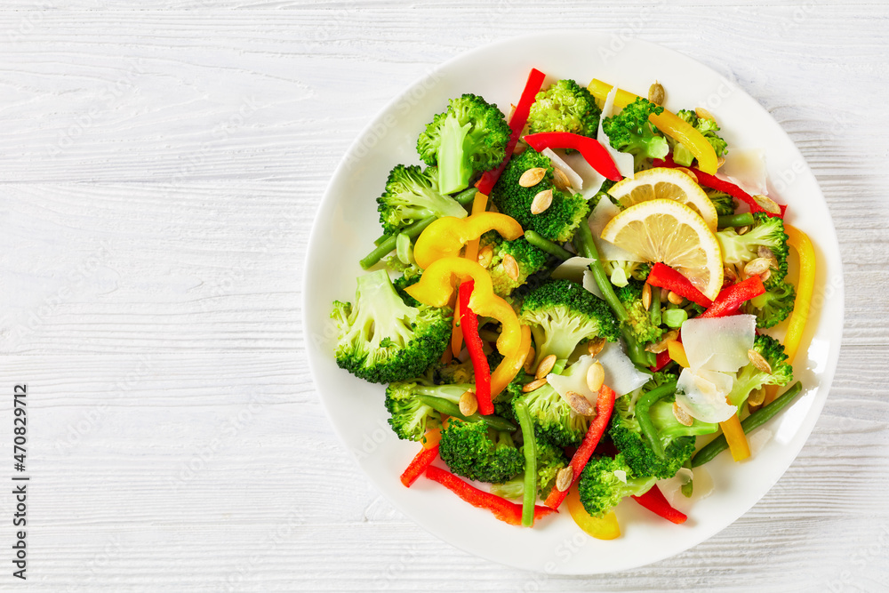 broccoli sweet pepper green beans salad on a plate