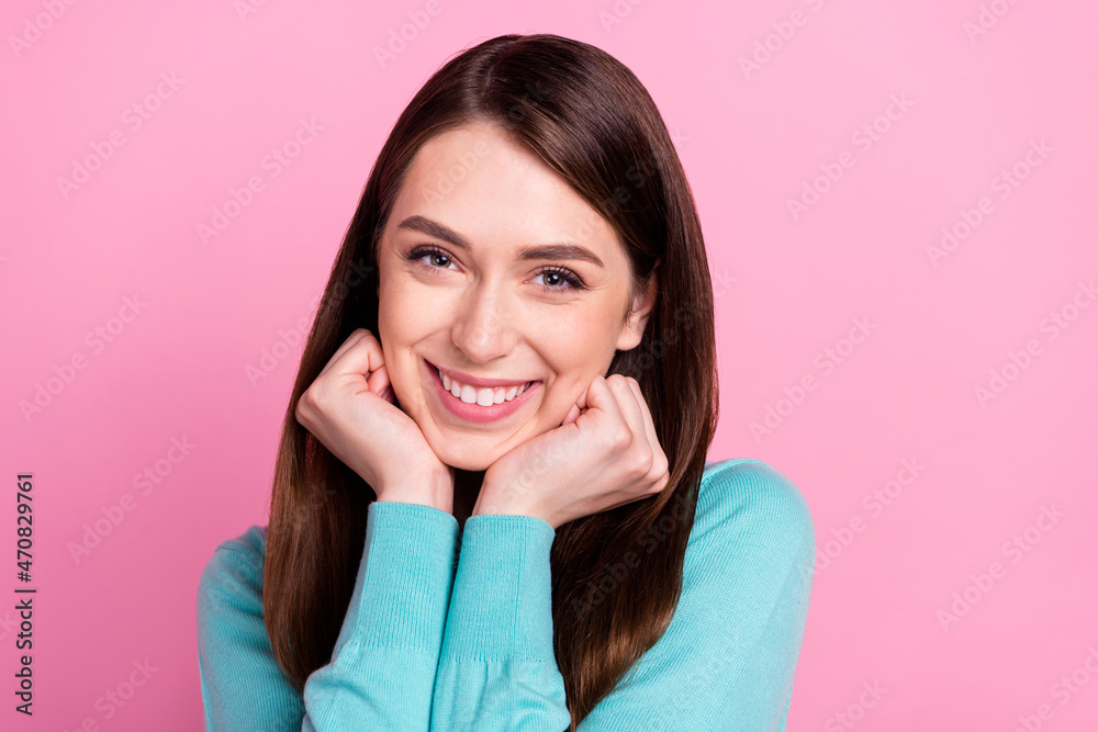 Portrait of nice-looking cheerful glad girl enjoying good mood rest isolated over pink pastel color background Portrait of nice-looking cheerful glad girl enjoying good mood rest isolated over pink pastel color background