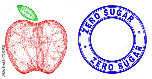 Hatched irregular mesh apple icon, and Zero Sugar unclean round stamp seal. Abstract lines form apple picture. Blue seal includes Zero Sugar title inside round form.
