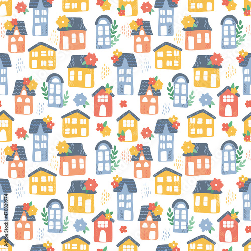 vector seamless pattern with houses and flowers.
