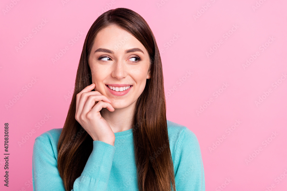 Photo of dreamy minded thoughtful young happy woman look empty space think isolated on pink color background Photo of dreamy minded thoughtful young happy woman look empty space think isolated on pink color background