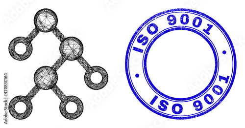 Carcass irregular mesh binary nodes icon, and ISO 9001 grunge round seal. Abstract lines form binary nodes illustration. Blue seal contains ISO 9001 title inside round form.