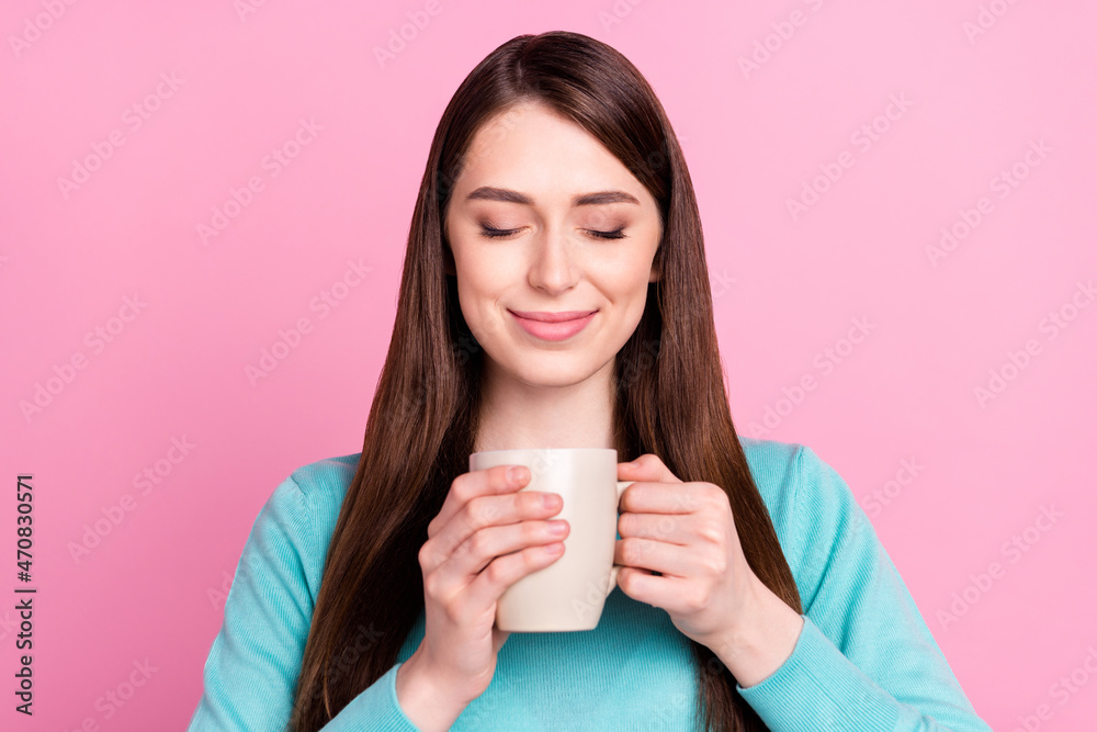 Photo portrait of girl drinking tea dreamy enjoying break isolated on pastel pink color background Photo portrait of girl drinking tea dreamy enjoying break isolated on pastel pink color background