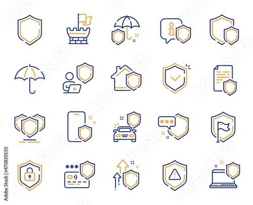 Defense line icons. Car insurance, Secure shield and Safe umbrella. Safety risk, Computer security and Defense privacy icons. Secure online information, Tower castle and protect shield. Vector