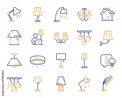 Lamps line icons. Spotlight led, Table Lamp and Floor Light. Modern chandelier, Electric light illuminate and Wall lamp icons. Lightbulb info, stand lamp and street light. Wall sconce. Vector