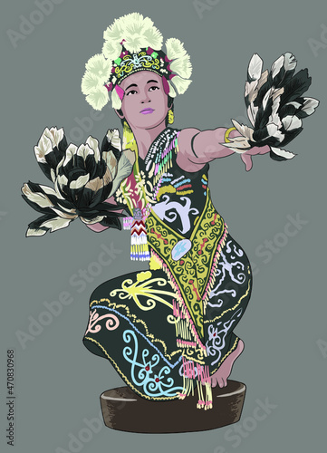Drawing gong dance, east kalimantan, Indonesian traditional dance, art.illustration, vector