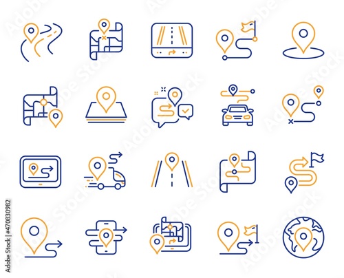 Road map line icons. Journey path, Route map and Trip distance. GPS street pin, Car route and Distance flag icons. Road trip, highway traffic and journey travel map. Navigation target pointer. Vector