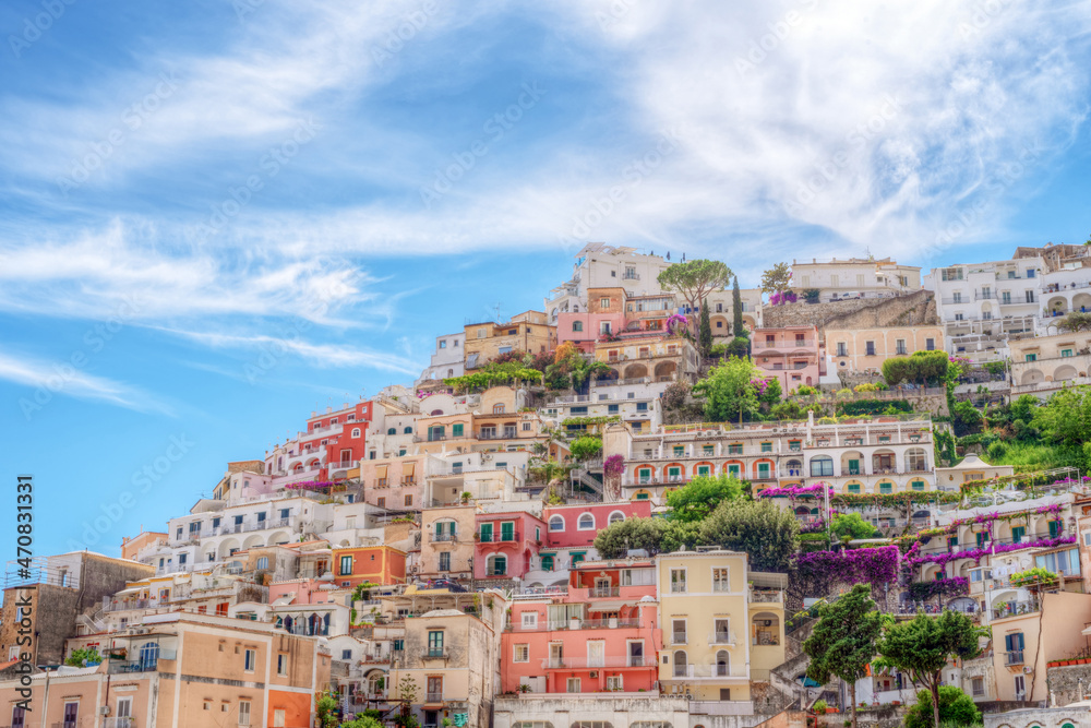 View of the village of Positano along the Amalfi Coast in Italy, with its characteristic colorful houses