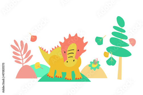 Cute dinosaur hand drawn vector color character. Sketch prehistoric animal. Jurassic isolated Scandinavian cartoon kids illustration. 