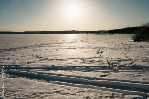 Beautiful Winter landscape. Frozen river and horizon.