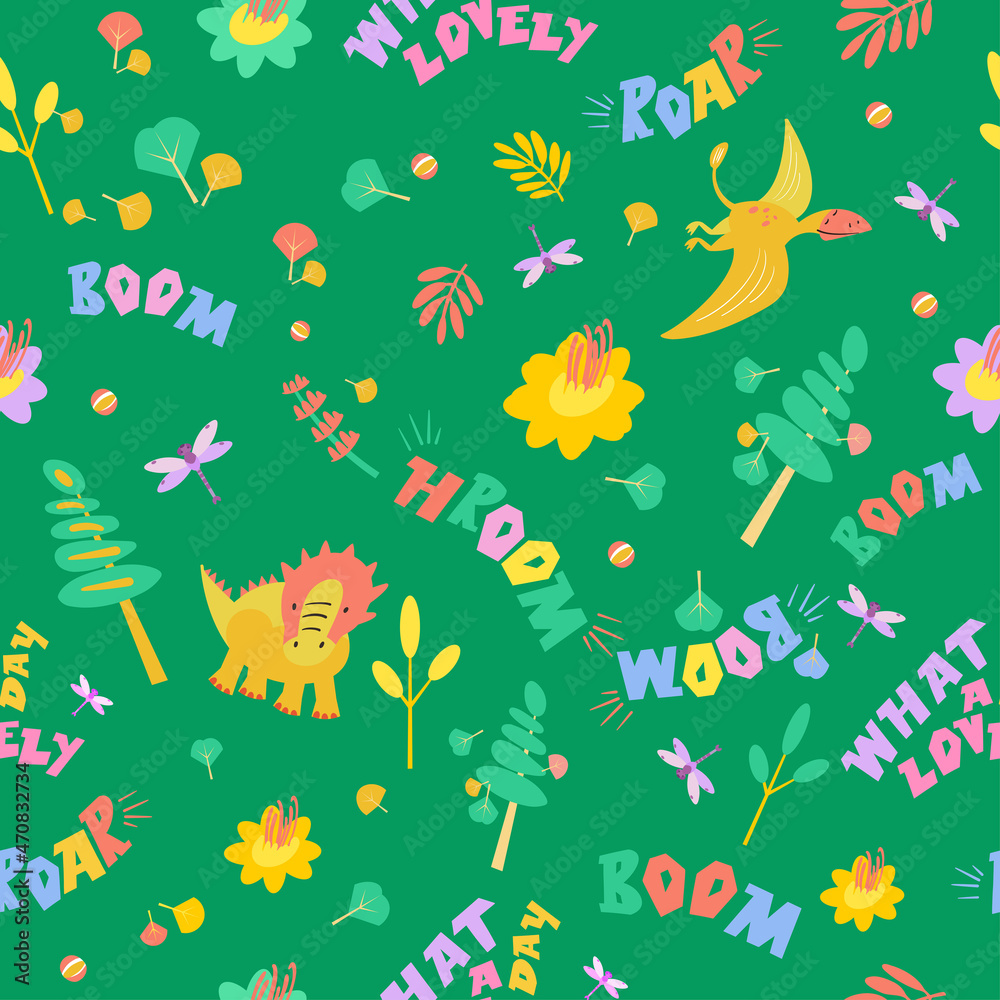 Cute dinosaurs in Jurassic forest. Seamless pattern. Lettering hand drawn font on fabric. Scandinavian cartoon childrens illustrations. Vector colored picture.