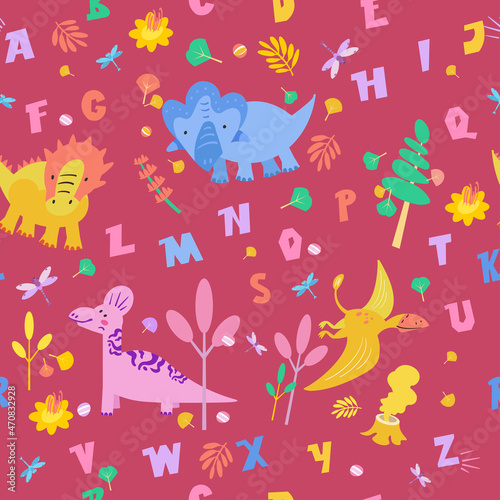 Cute dinosaurs in Jurassic forest. Seamless pattern. Alphabet hand drawn font on fabric. Scandinavian cartoon characters. Color vector image.