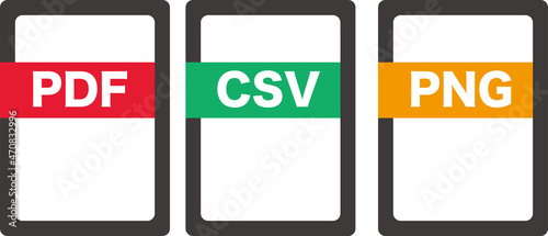 PDF・CSV・PNGのファイルフォーマットアイコン。ベクター。