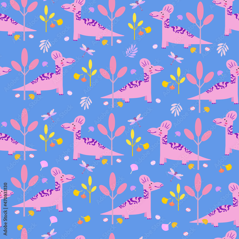 Cute dinosaurs in Jurassic forest. Seamless pattern. Scandinavian cartoon character. Color vector image.