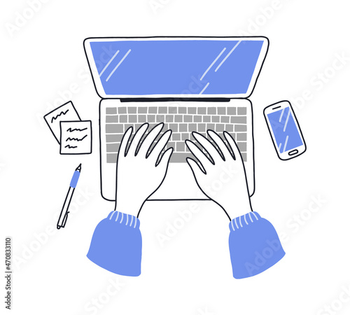 Female hands typing text on laptop keyboard. Top view of people working with computer at the work desk. Work desk in office. Work at home concept. Flat modern vector illustration. Hand drawn style.