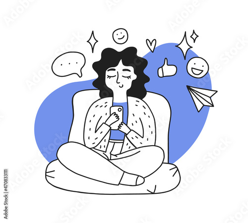 Young woman use smartphone and surfing in social media. Girl chatting, watching video, liking photos, make video, call in mobile app. Hand drawn cartoon vector illustration doodle style.