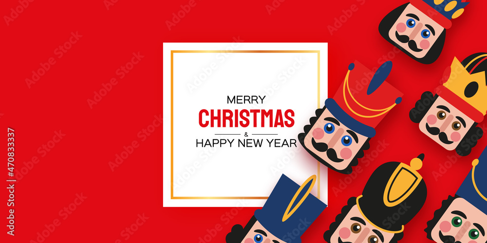 Christmas Nutcracker in paper cut style. Cute soldier toy. December Ballet party. Creative Merry Xmas invitation. Happy New Year. Winter holidays. Space for text. Christmas Nutcracker in paper cut style. Cute soldier toy. December Ballet party. Creative Merry Xmas invitation. Happy New Year. Winter holidays. Space for text.