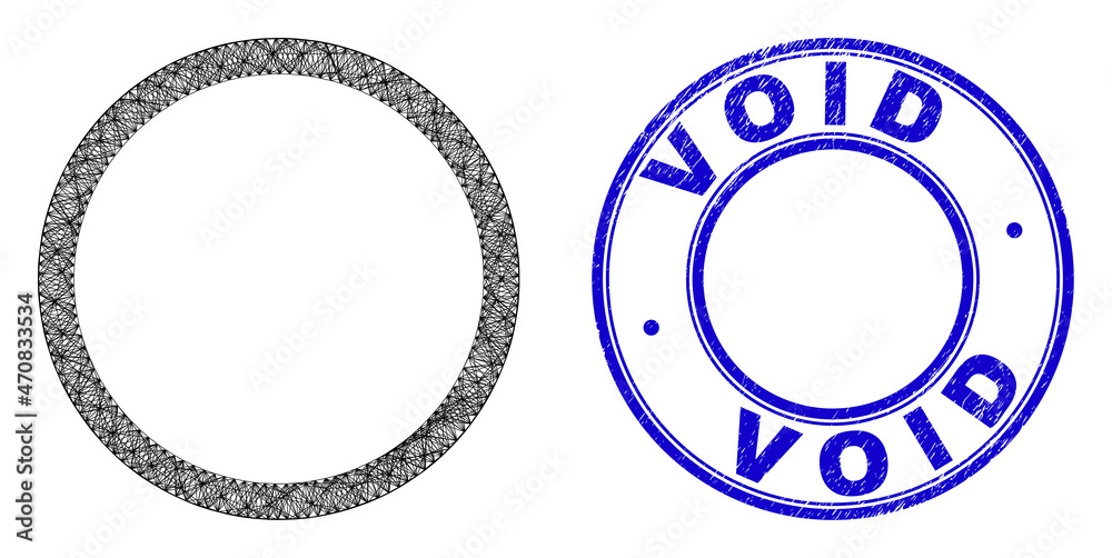 Hatched irregular mesh contour circle icon with Void corroded round stamp seal. Abstract lines form contour circle illustration. Blue stamp seal has Void tag inside round shape. Hatched irregular mesh contour circle icon with Void corroded round stamp seal. Abstract lines form contour circle illustration. Blue stamp seal has Void tag inside round shape.