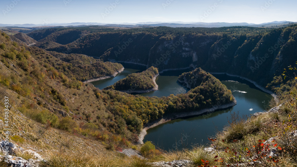 Uvac Special Nature Reserve, Uvac River Canyon with beautiful meanders between Zlatar and Zlatibor Mountains in Serbia Uvac Special Nature Reserve, Uvac River Canyon with beautiful meanders between Zlatar and Zlatibor Mountains in Serbia