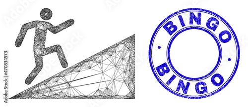 Net irregular mesh cliimb up icon with Bingo rubber round stamp seal. Abstract lines form cliimb up object. Blue stamp seal has Bingo tag inside round form.