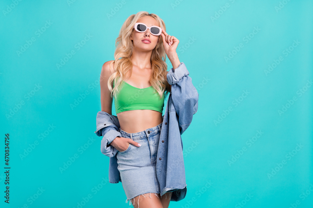 Photo of attractive pretty nice woman weekend summer wear sunglass lady cool isolated on blue color background