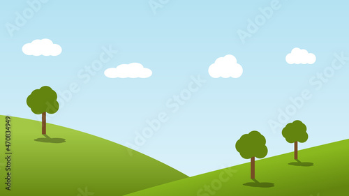 landscape cartoon scene with green trees on hills and white fluffy cloud in summer blue sky background