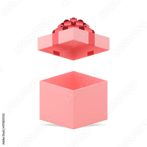Feminine pink birthday open squared gift box with red bow ribbon realistic 3d template vector