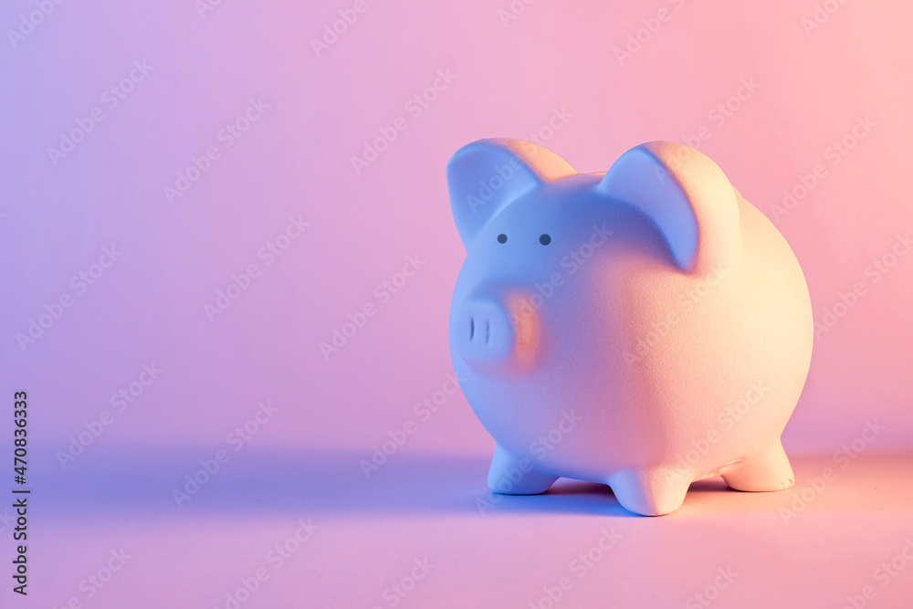 lose-up of a white piggy bank against pink background