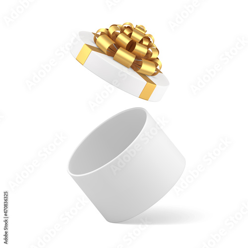 Realistic open isometric circled wrapped white gift box with metallic bow ribbon 3d blank vector