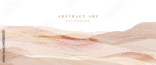 Mountain background vector. Minimal landscape art with watercolor brush and golden line art texture. Abstract art wallpaper for prints, Art Decoration, wall arts and canvas prints. 