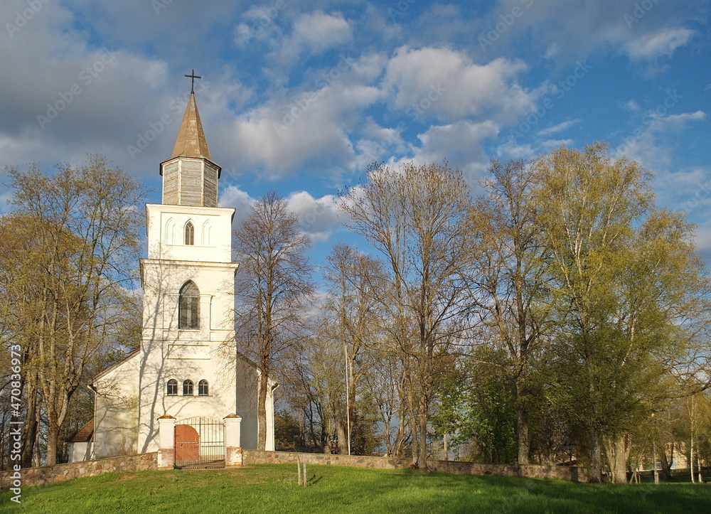 Skrunda town lutheran church in sunny spring day, Latvia.