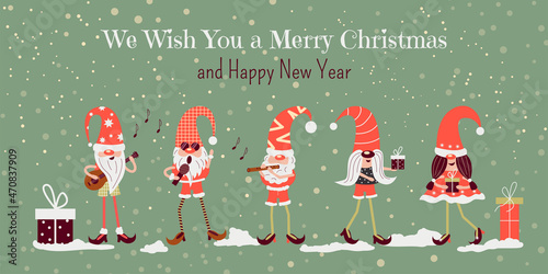 Cute gnomes celebrate Christmas, sing songs, give gifts. Xmas and New Year snowy card, banner, invitation, festive background. Vector cartoon flat illustration