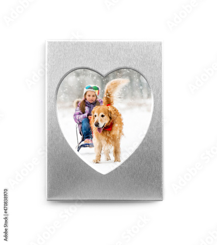 Funny winter photo in silver heart shaped frame isolated on white background photo