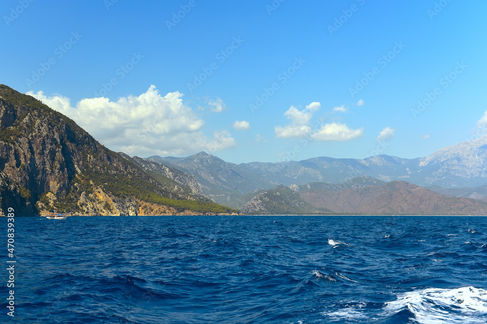 Mediterranean coast. Green mountains, view from the sea. Turkey. 