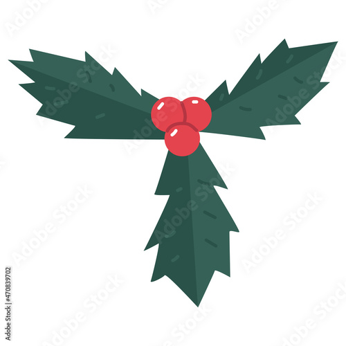 Red holly berries with leaves vector cartoon illustration isolated on a white background.