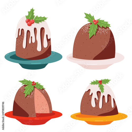 Christmas pudding with cream and holly berries leaves vector cartoon set isolated on a white background.