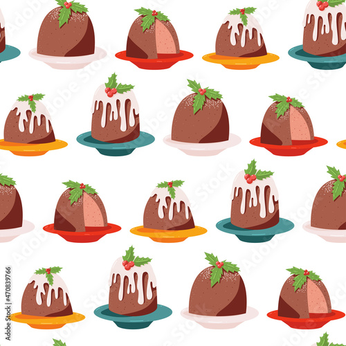 Christmas pudding vector cartoon seamless pattern background for wallpaper, wrapping, packing, and backdrop.