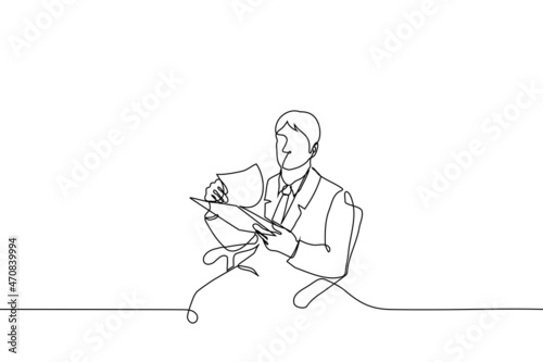 man in suit sits leafing through folder with sheets of paper - one line drawing vector. businessman reads report, lawyer checks contract, checking report, audit
