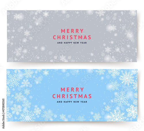 Christmas banners with  snowflakes on a blue and silver background. Winter frame, holidays greeting card. Vector illustration