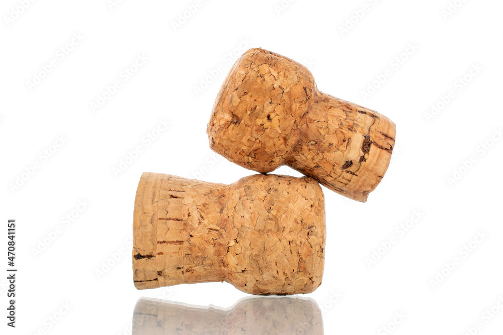 Two corks for a bottle of wine, close-up, isolated on white.