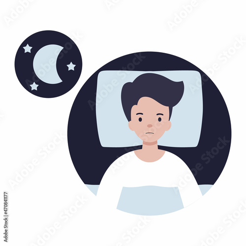 Man is lying in bed and suffers from insomnia. Health problems. Sleep disturbance.