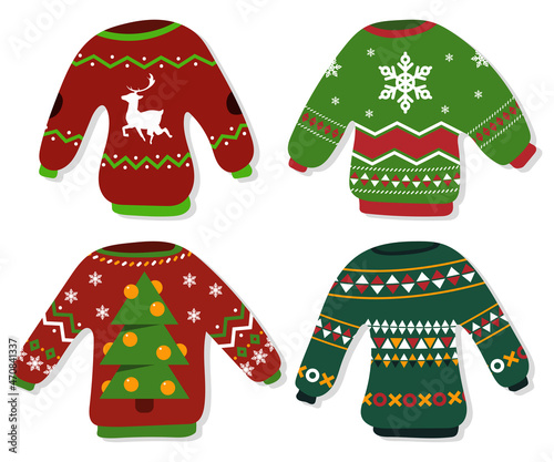 Christmas sweater, ugly jumper vector cartoon set isolated on a white background.