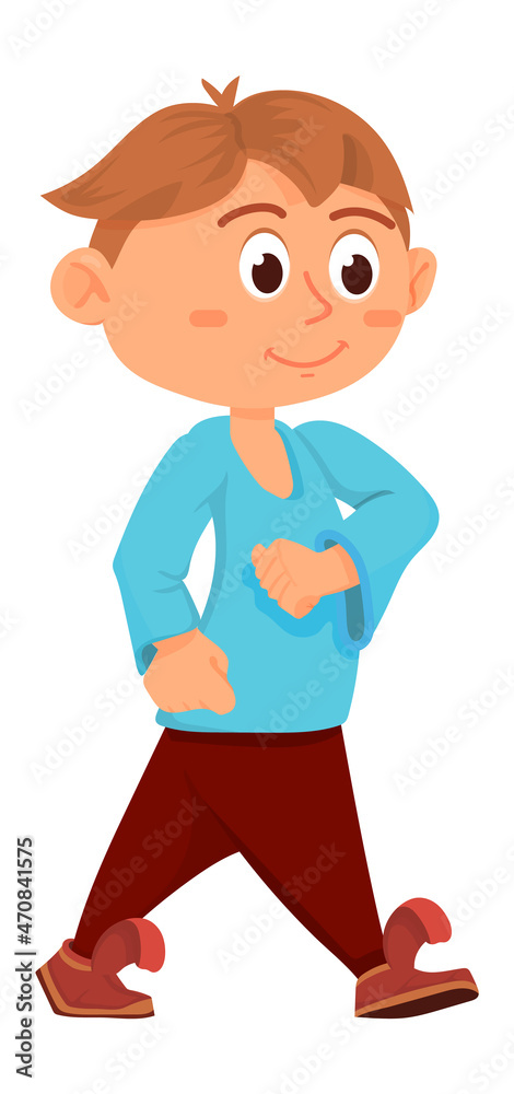 Marching kid. Fast walking boy. Cute cartoon child Marching kid. Fast walking boy. Cute cartoon child