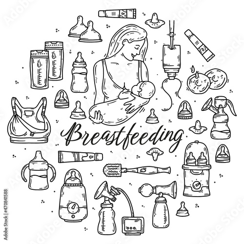 Breastfeeding and lactation of a woman with a baby, a set of vector doodle sketch icons. Devices for the nursing and nutrition with milk. Breast pump, bottle sterilizer and nipples.