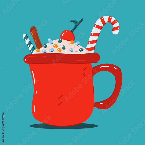 Hot chocolate in red mug vector Christmas drink cartoon illustration isolated on background.