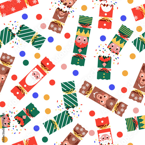 Christmas cracker vector cartoon seamless pattern background for wallpaper, wrapping, packing, and backdrop.