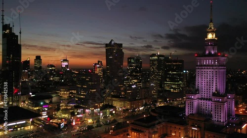 Aerial view of Warsaw downtown at night in Poland photo